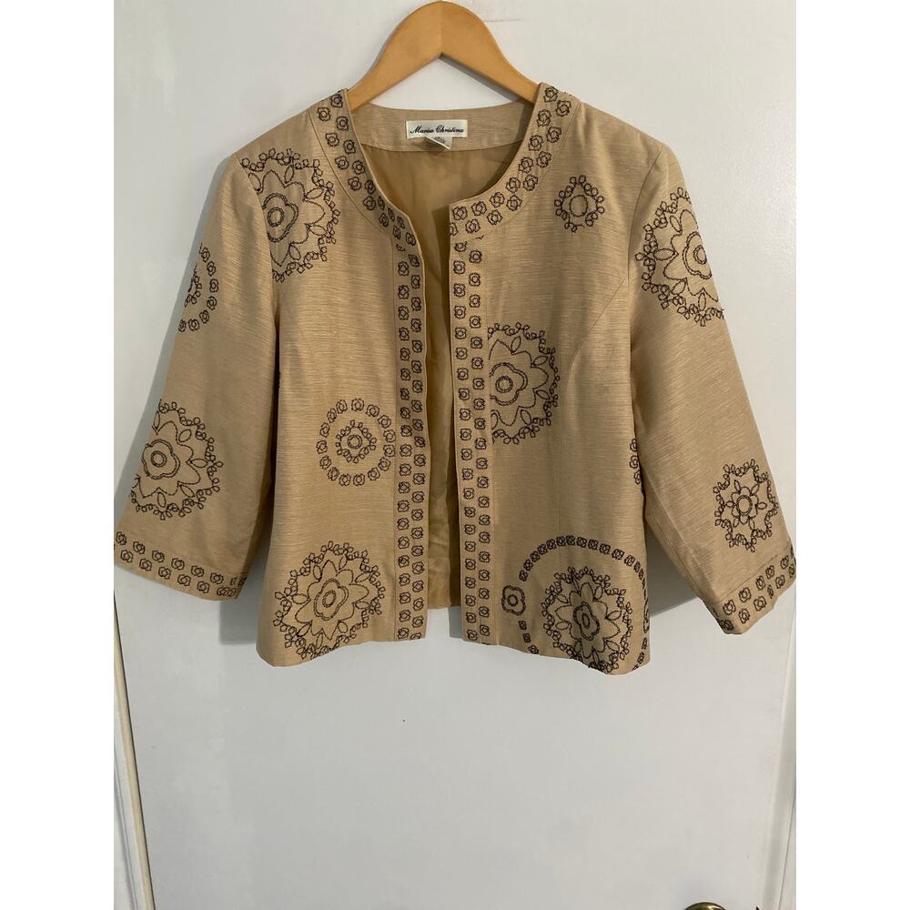 Marisa Christina vintage blazer jacket women size L tan silk embroidered elegant
